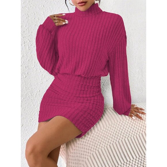 Women Rose Pink Long Sleeve Turtle Neck Cute Ribbed Knit Pullover Sweater Dress - Picture 4 of 5